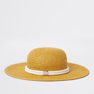 Yellow woven straw rope trim hat Hats Accessories women