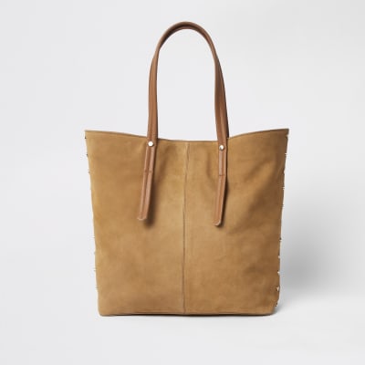 Beige suede leather handle shopper bag - Shopper & Tote Bags - Bags & Purses - women