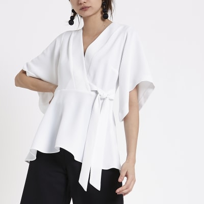 White kimono sleeve wrap top Blouses Tops women