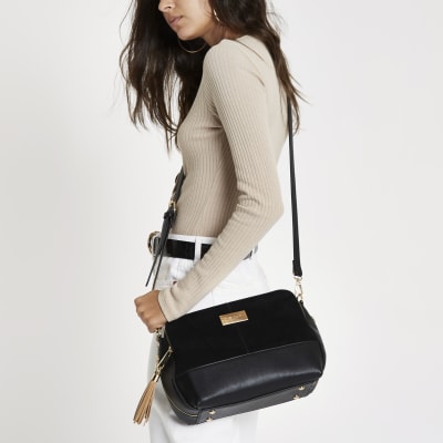 black triple compartment cross body bag