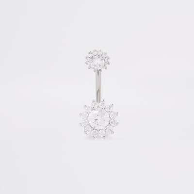 White colour silver cubic zirconia belly bar