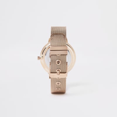 Roségoudkleurig horloge met mesh bandje met siersteentjes