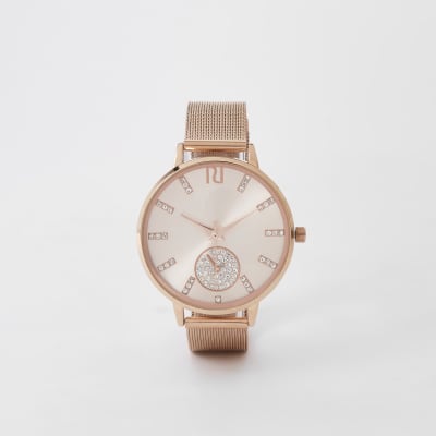 Roségoudkleurig horloge met mesh bandje met siersteentjes
