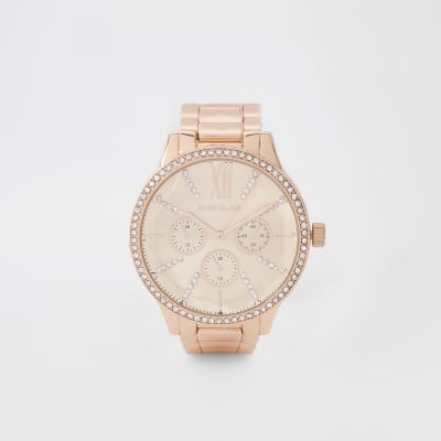 Montre avec bracelet en maille or rose à strass