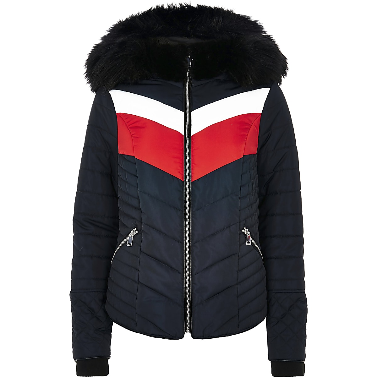 Navy faux fur hooded chevron padded jacket Navy faux fur hooded chevron padded jacket