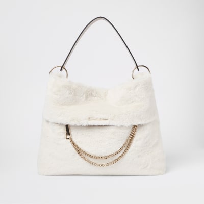 Cream faux fur chain front slouch bag - Shoulder Bags - Bags & Purses ...
