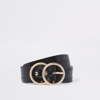 Zwarte riem met krokodillenprint en dubbele ring