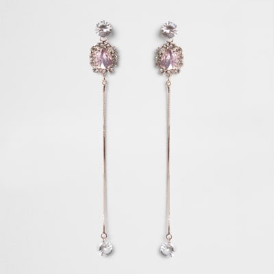 Roségoudkleurige oorhangers met diamantje en ketting
