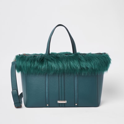 Dark green faux fur trim winged tote bag Shopper & Tote Bags Bags