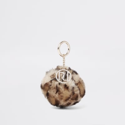 pom fur pom keyring faux Keyrings  fur Beige faux keyring pom leopard pom