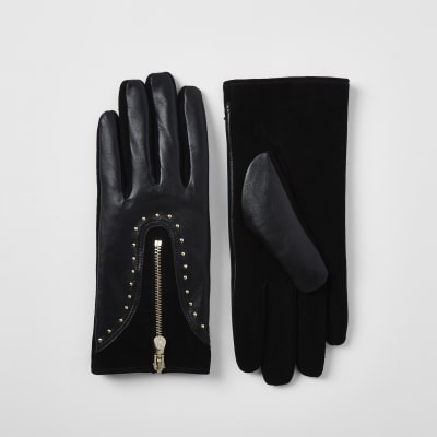 Black leather studded zip gloves River Island