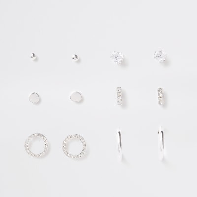 Silver colour diamante stud multipack