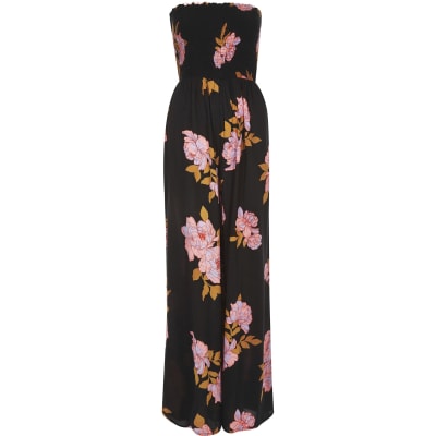 Black Floral Bandeau Shirred Beach Jumpsuit