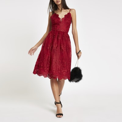 Chi Chi London red lace floral prom dress | River Island