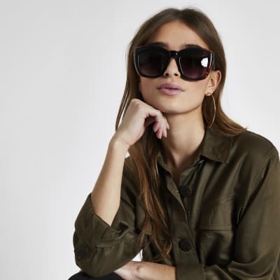 Bruine vierkante glamoureuze zonnebril met schildpadmotief