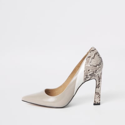 Beige snake print panel court shoes River Island