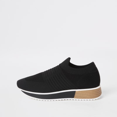 Black knit runner trainers | River Island