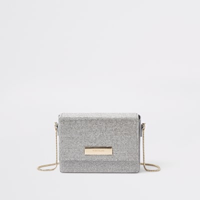 Silberne Mini-Umhängetasche mit Strasssteinen