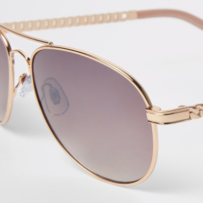 Rose gold pink lens chain aviator sunglasses