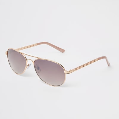Rose gold pink lens chain aviator sunglasses