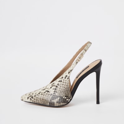 Beige snake print V slingback court shoes River Island