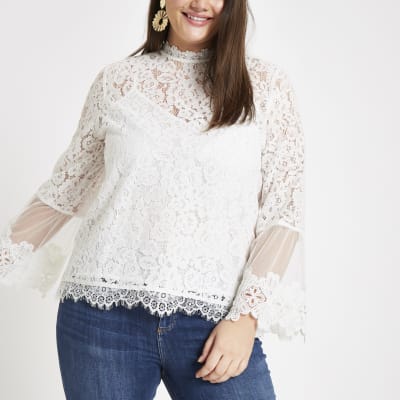 Plus White Lace Long Sleeve Blouse River Island