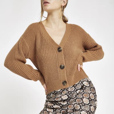 Beige Strickjacke mit V-Ausschnitt