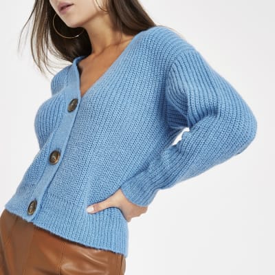 Light blue horn button knit cardigan River Island