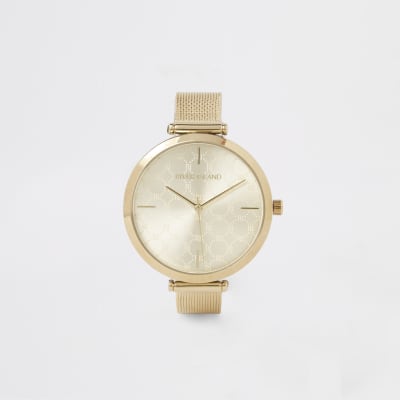 Goldfarbene Armbanduhr mit Netzarmband