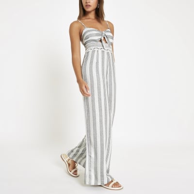 Cream Stripe Knot Front Beach Jumpsuit