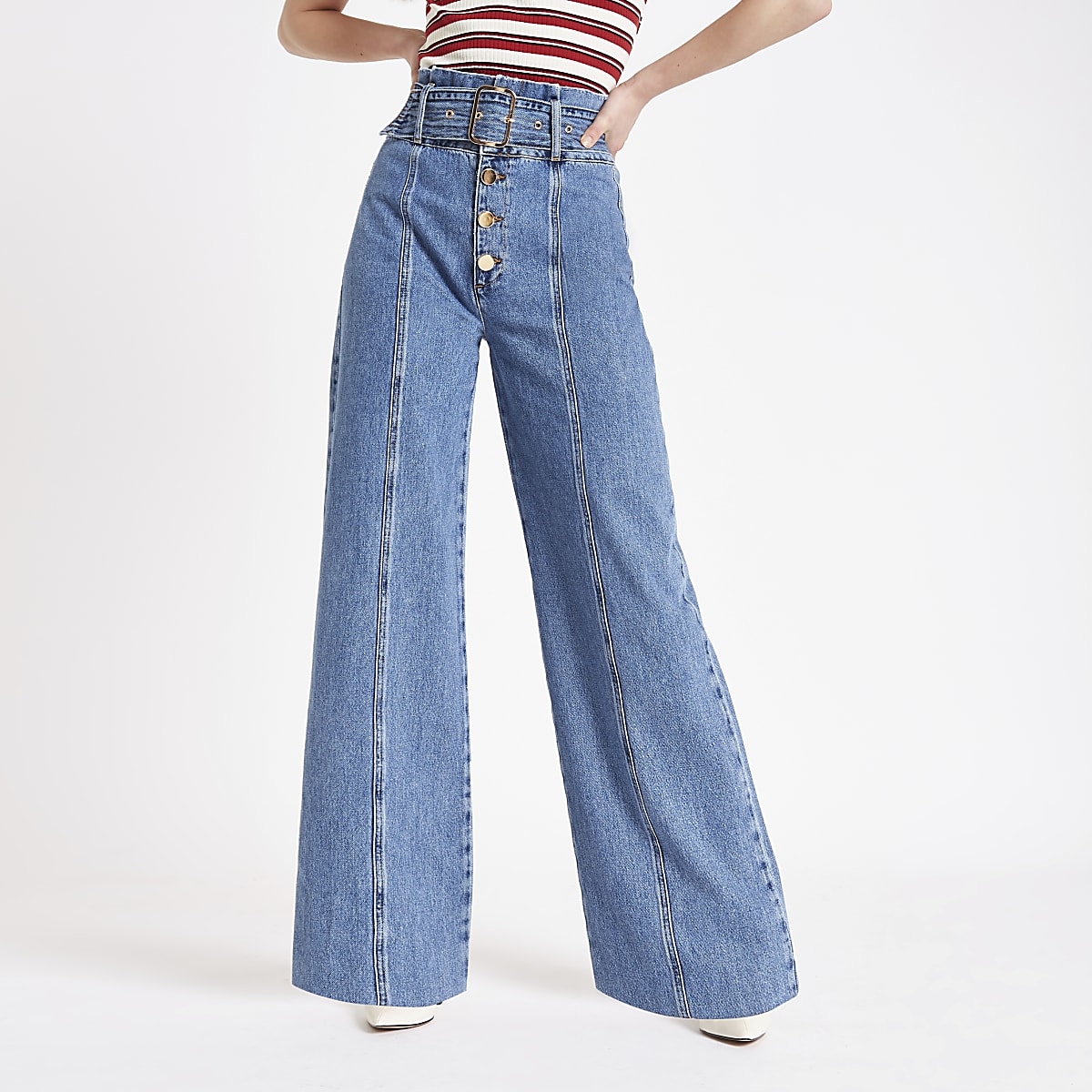 Mid blue belted wide leg denim jeans | River Island