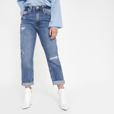 RI Petite - Middenblauwe momjeans met hoge taille