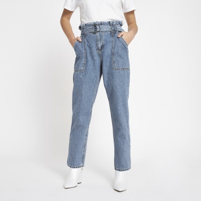 RI Petite - Blauwe denim jeans met geplooide taille