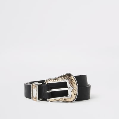 Zwarte westernriem met tweekleurige gesp
