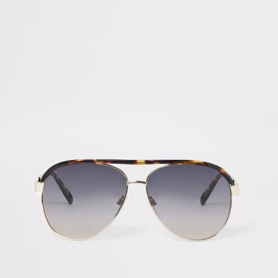 Gold Tone Tortoise Shell Aviator Sunglasses River Island