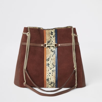 Donkerrode leren ruime tas met slangenprint