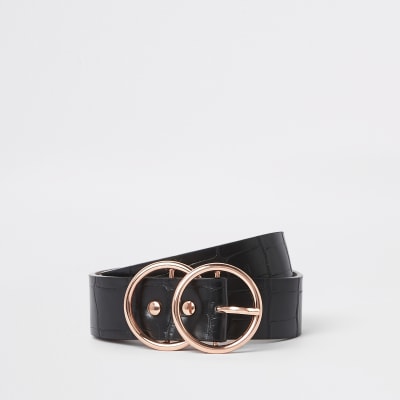 Schwarzer Jeansgürtel mit Schnalle in Roségold