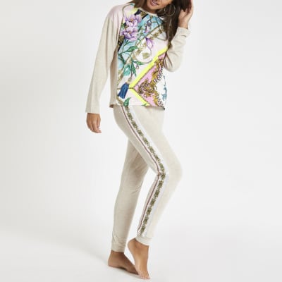 Beige pyjamajoggingbroek met bloemenprint