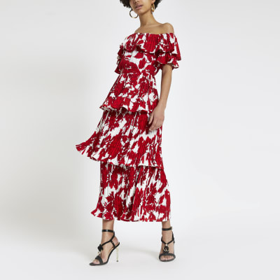 river island red bardot maxi dress