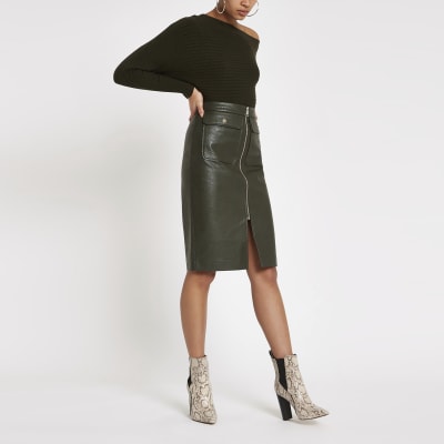 Khaki faux leather zip front midi skirt | River Island