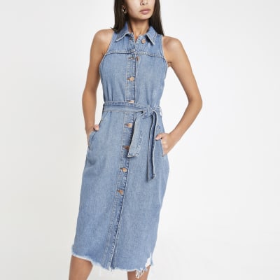 Middenblauwe denim midi-overhemdjurk