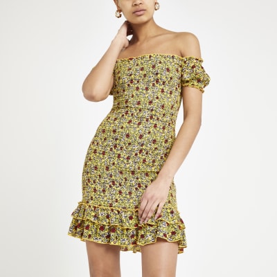 yellow floral bardot dress