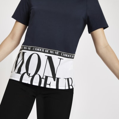 Navy Mon Coeur Hem Print T Shirt