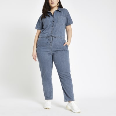 Plus blue utility denim jumpsuit
