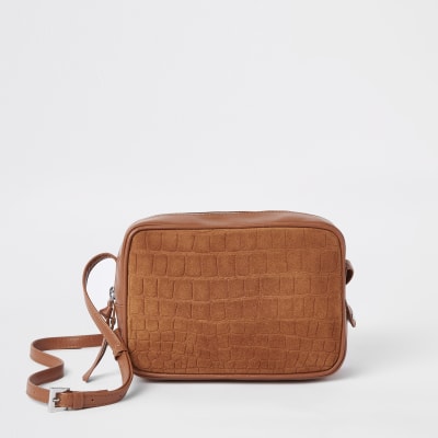 Beige leren crossbodytas met krokodillenprint