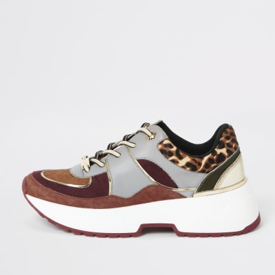 Red leopard print lace-up runner trainers