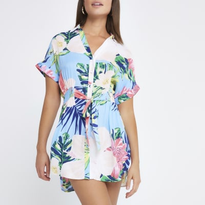 Blaues Blusenkleid mit Blumenprint