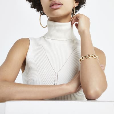 Ärmelloses Rollkragenoberteil in Creme