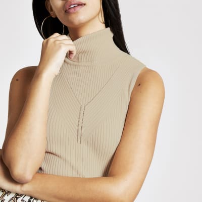 Beige gebreide top met col