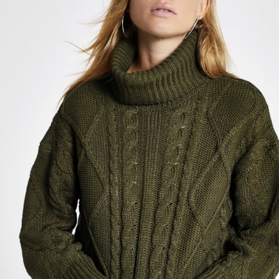 Groene gebreide kabeltrui crop pullover met col